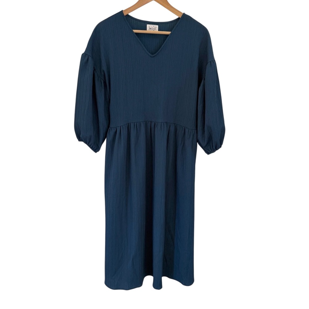 M CO Teal Ribbed V Neck Balloon‎ Sleeve Midi Dress Size S